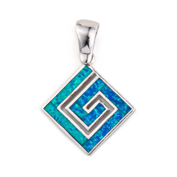 Greek Key Pendant - Sterling Silver with Blue Opal - Image 3