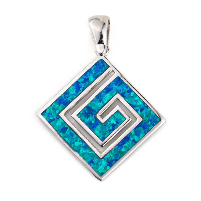 Greek Key Pendant - Sterling Silver with Blue Opal - Image 2