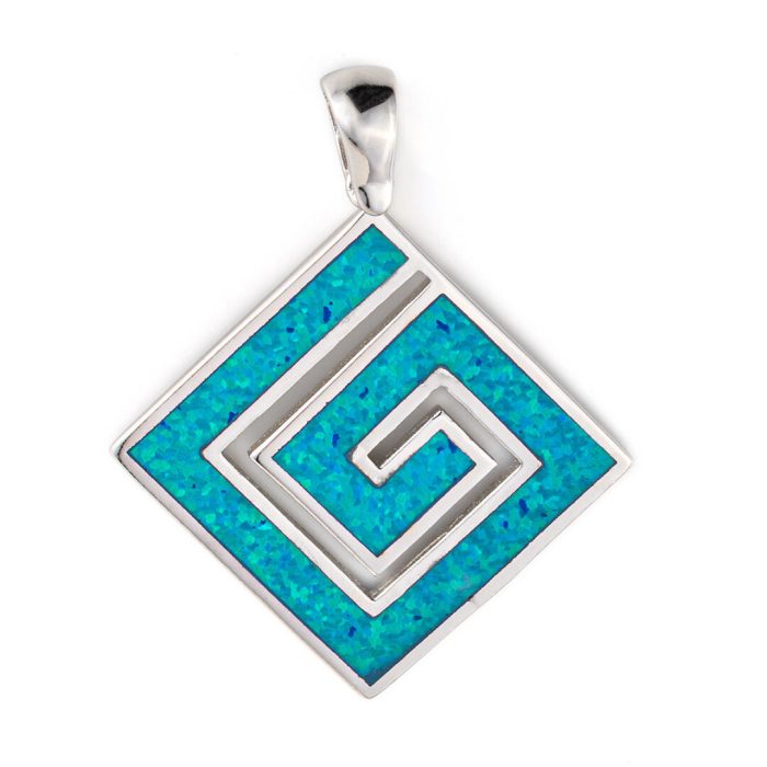 Greek Key Pendant - Sterling Silver with Blue Opal - Image 7
