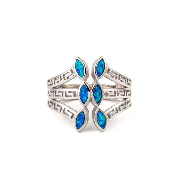 Blue Opal Leaf Greek Key Ring- 925 Sterling Silver - Image 1