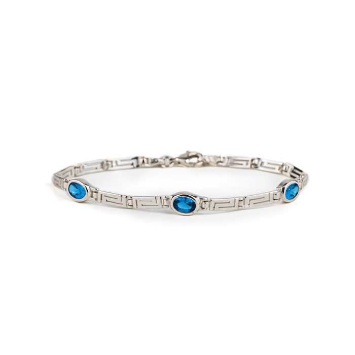 Greek Key Link Bracelet with Blue Zircon – 925 Sterling Silver - Image 1