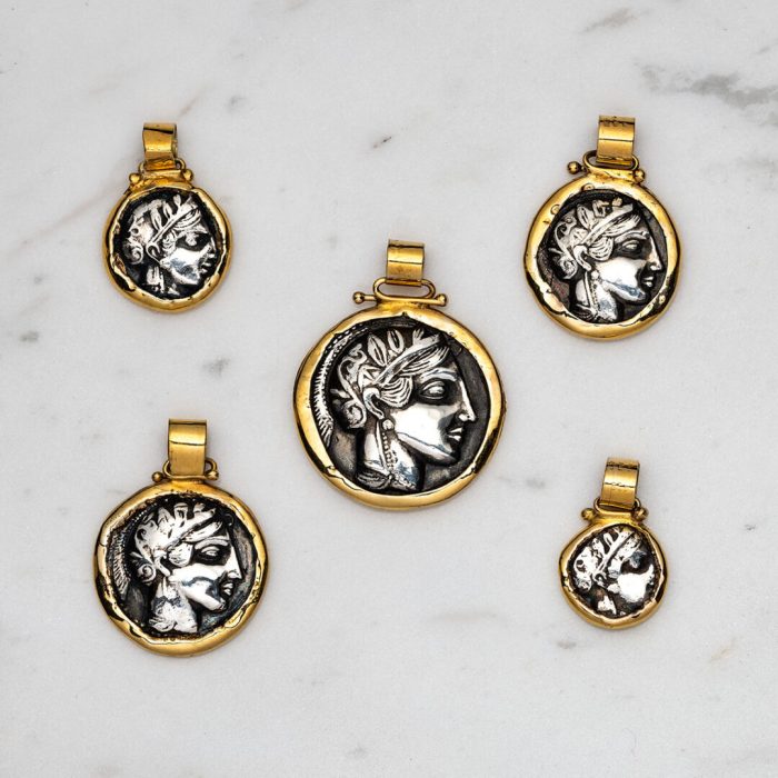 Athena Greek Goddess Coin Pendant - 14K Gold and Sterling Silver - Image 5
