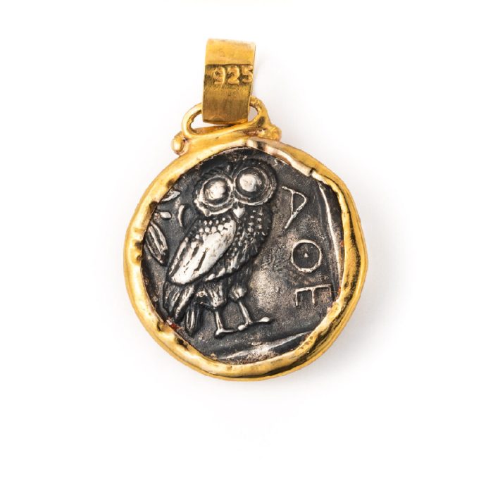 Athena Greek Goddess Coin Pendant - 14K Gold and Sterling Silver - Image 3