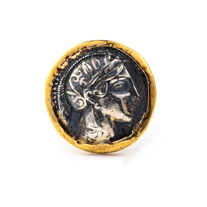 Goddess Athena and Owl Coin Ring - 14K Gold and 925 Sterling Silver - Image 1