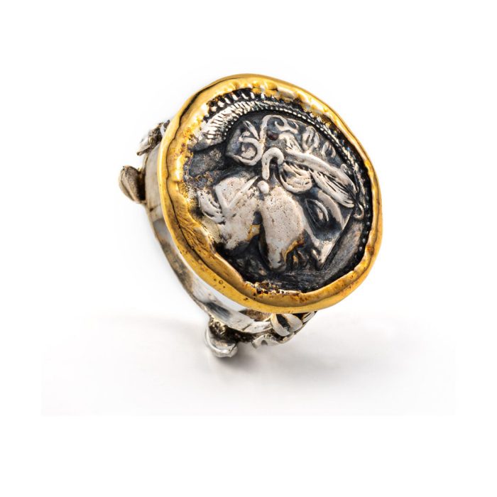 Goddess Athena and Owl Coin Ring - 14K Gold and 925 Sterling Silver - Image 2