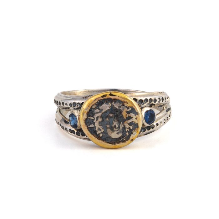 Helios Sun Ring with Sapphires - 14K Gold and Sterling Silver - Image 1
