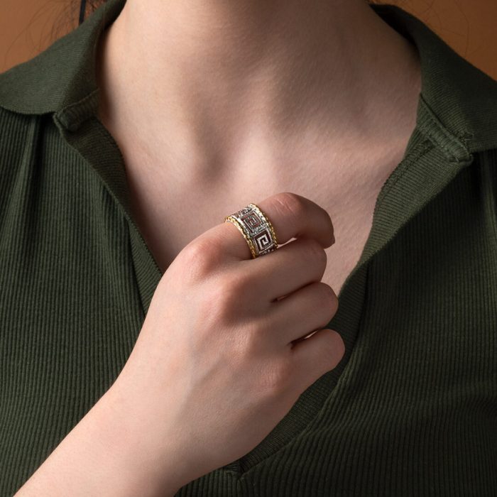 925 Sterling Silver and Gold Plated Greek Key Lace Ring - Image 2