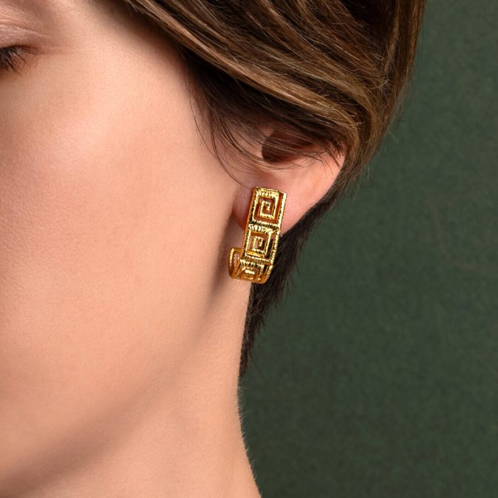 Greek Key Meander Lace Earrings - Sterling Silver Gold Plated - Image 2