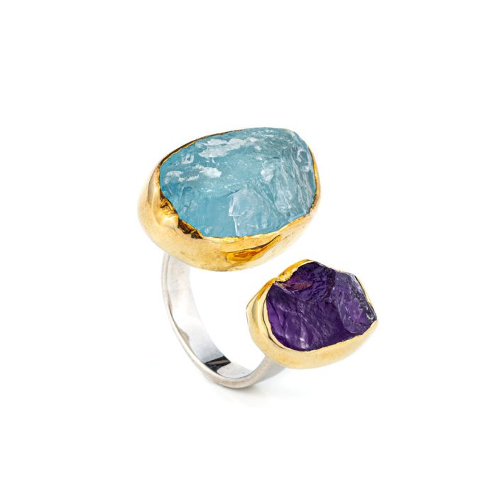 Aqua Marine and Amethyst Ring - Sterling Silver and Gold Plated - Image 2