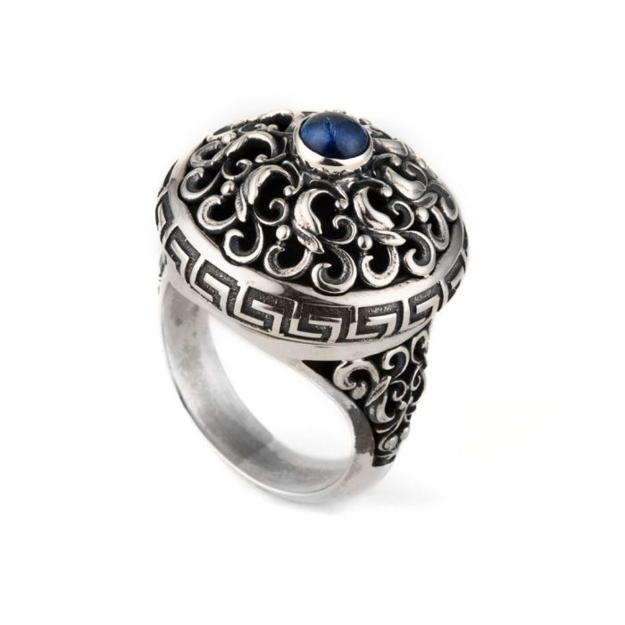 Greek Meander Floral Lapis Ring - Sterling Silver Yianni Jewelry - Image 2
