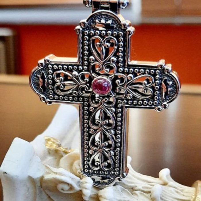 Byzantine Cross Pendant Silver 925 with a Precious Stone - Image 3