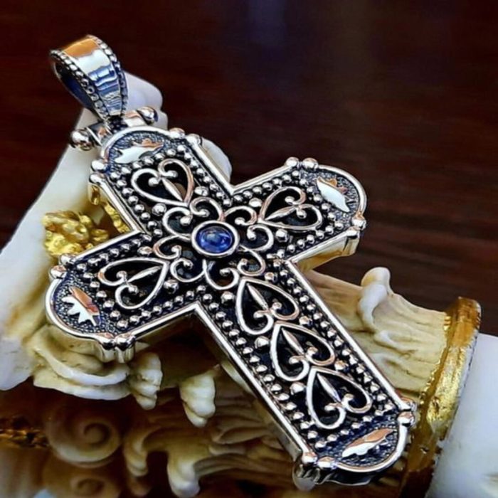 Byzantine Cross Pendant Silver 925 with a Precious Stone - Image 4