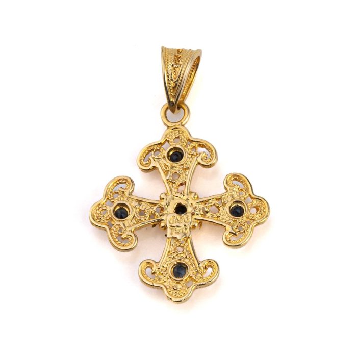 18K Solid Gold Filigree Cross Pendant with Gemstones - Image 5