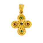 18K Gold Filigree Cross with rubies, emeralds and sapphires