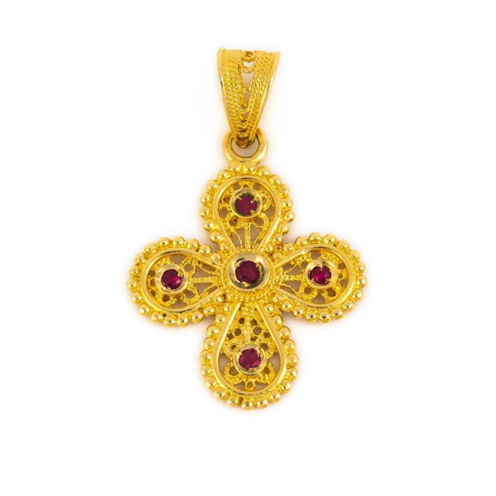 18K Gold Filigree Cross with rubies, emeralds and sapphires - Image 5