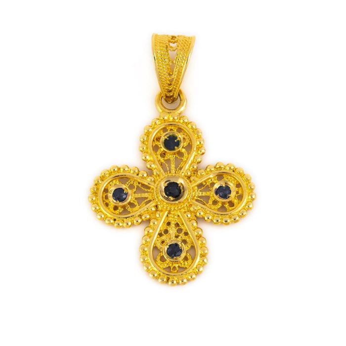18K Gold Filigree Cross with rubies, emeralds and sapphires - Image 4