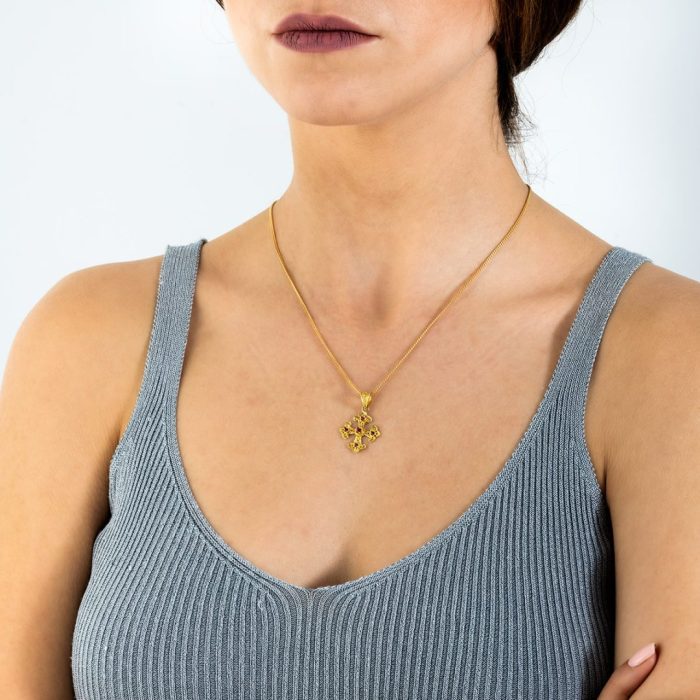 18K Solid Gold Filigree Cross Pendant with Gemstones - Image 6