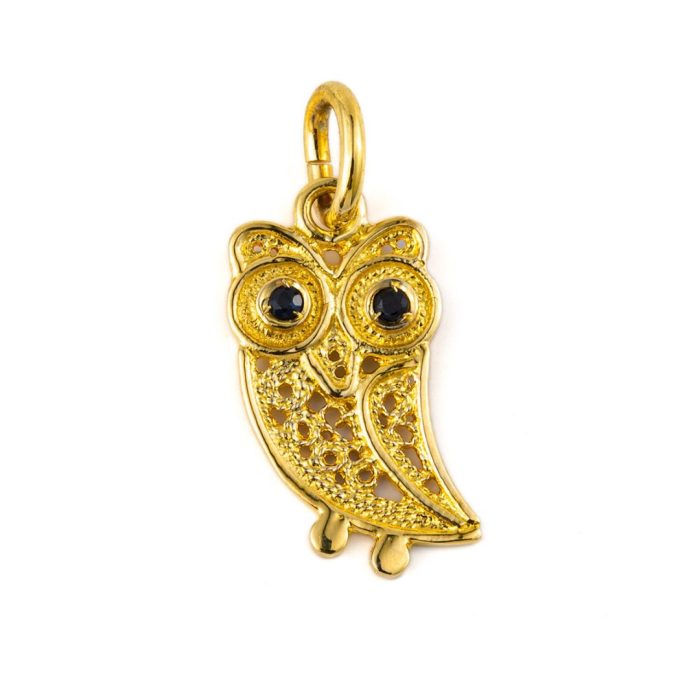 Wisdom Owl Filigree Pendant – 14K Gold with Sapphire - Image 1