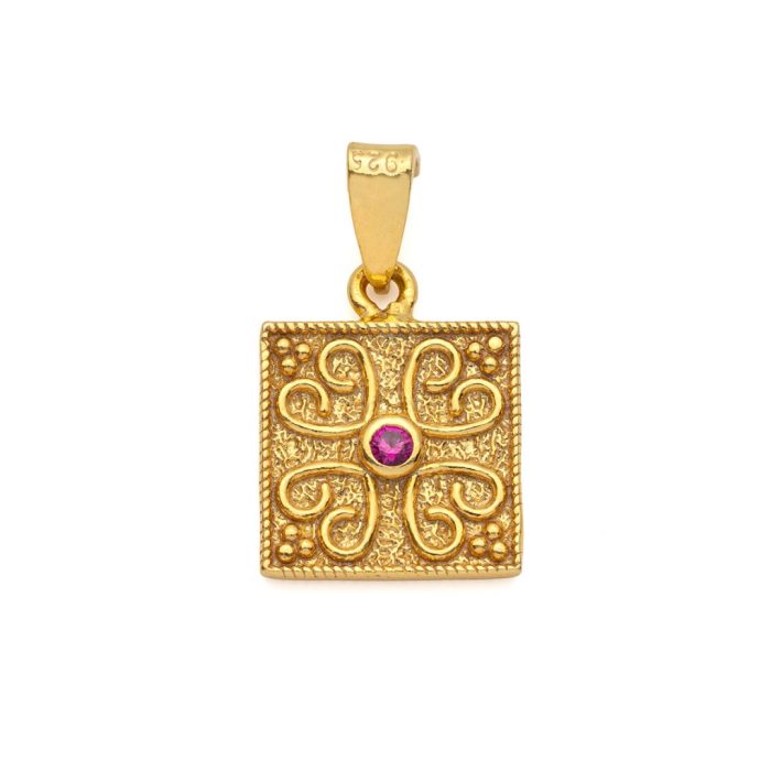 Byzantine Square Pendant in Gold Plated 925 Silver with Zircon - Image 4