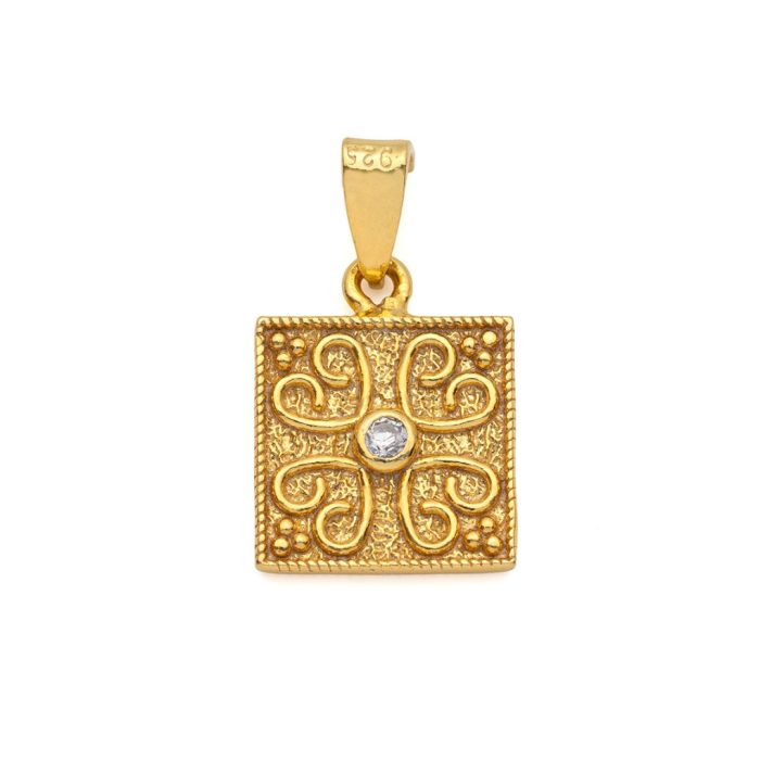 Byzantine Square Pendant in Gold Plated 925 Silver with Zircon - Image 1