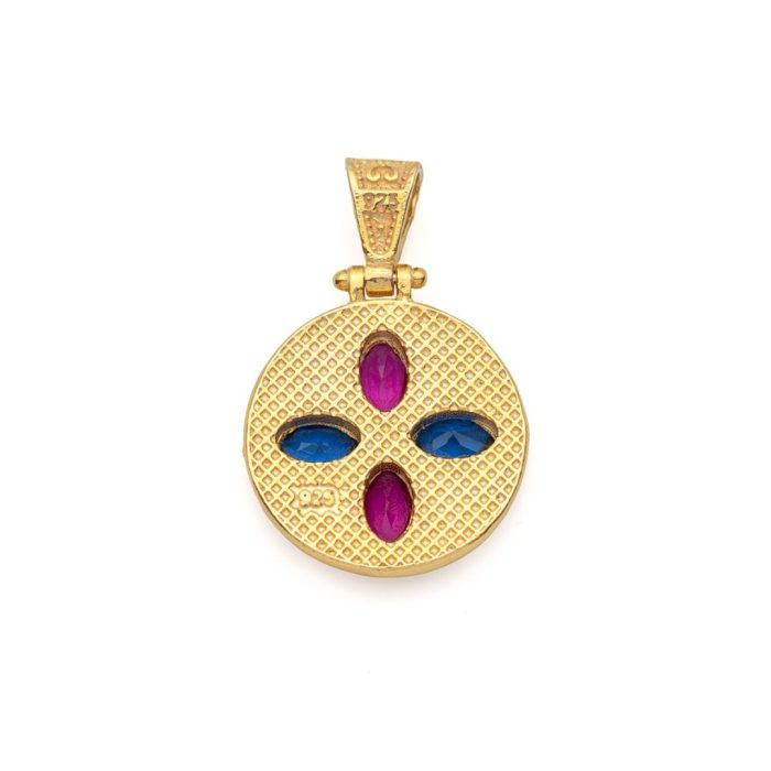 Byzantine Circle Pendant with Multicolor Zircons 925 Sterling Silver Gold Plated - Image 3