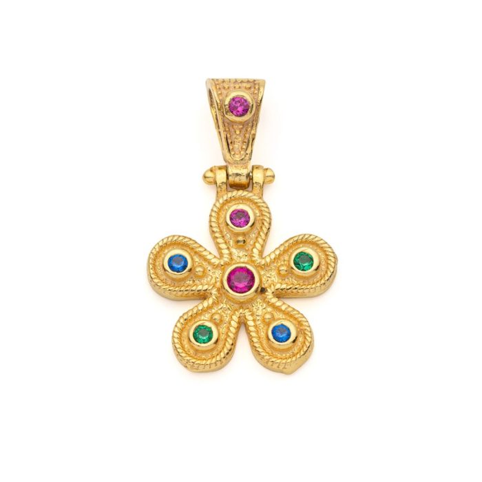 Byzantine Flower Pendant in Gold Plated 925 Silver with Zircons - Image 1