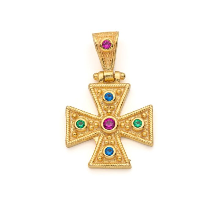 Byzantine Cross Pendant in 925 Sterling Silver Gold Plated with Multicolor Zircons - Image 1