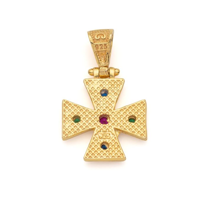 Byzantine Cross Pendant in 925 Sterling Silver Gold Plated with Multicolor Zircons - Image 3