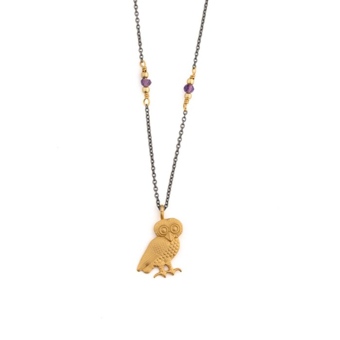 Wisdom Owl Necklace in 925 Sterling Silver Gold Plated and Oxidized - Image 1