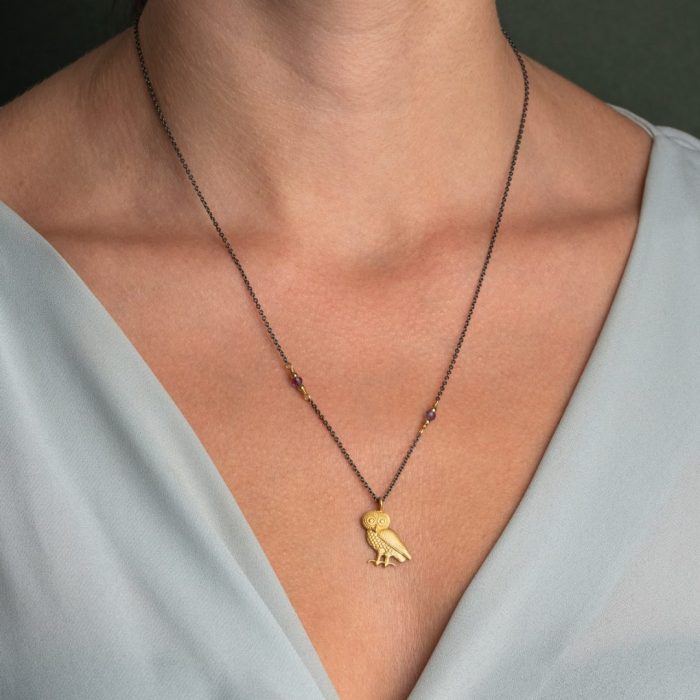Wisdom Owl Necklace in 925 Sterling Silver Gold Plated and Oxidized - Image 2