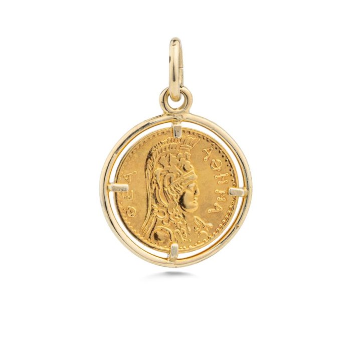 Goddess Athena and Owl Coin Pendant - 14K Gold