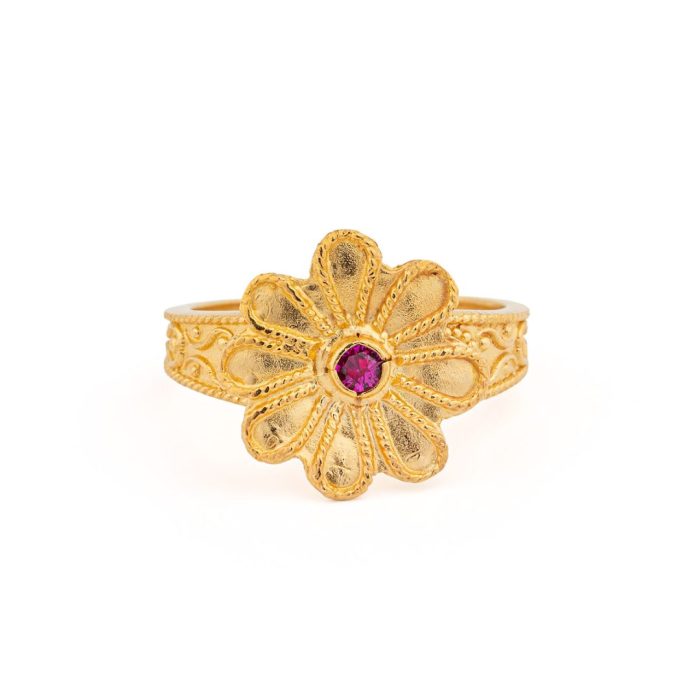 Byzantine Flower Ring in 925 Sterling Silver Gold-Plated with Zircon - Image 1