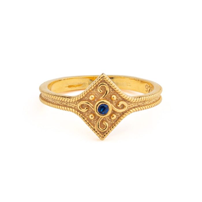 Byzantine Rhombus Ring in 925 Sterling Silver Gold-Plated with Zircon - Image 1