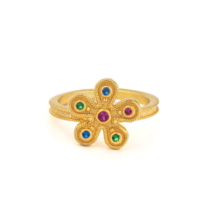Byzantine Flower Ring in 925 Sterling Silver Gold Plated with Multicolor Zircons - Image 1