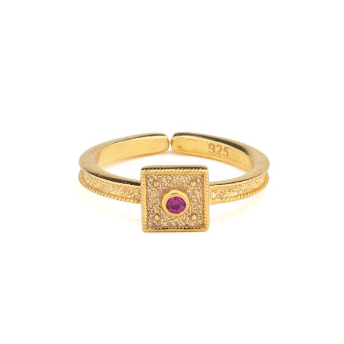 Byzantine Square Ring in 925 Sterling Silver Gold Plated with Round Zircon - Image 1