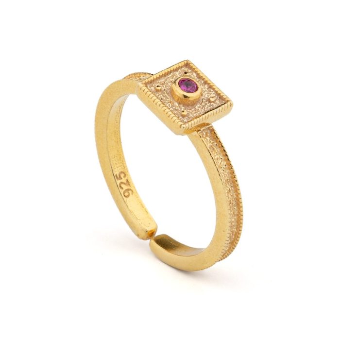 Byzantine Square Ring in 925 Sterling Silver Gold Plated with Round Zircon - Image 3