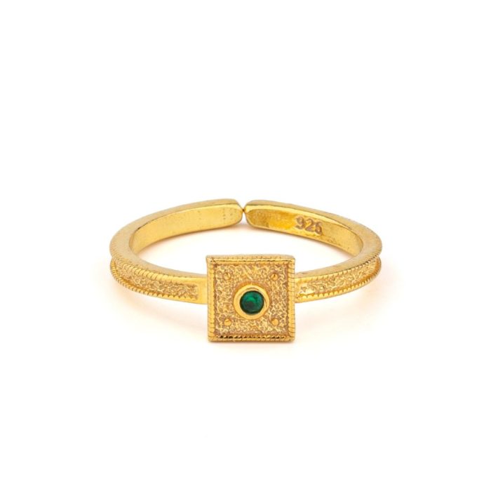 Byzantine Square Ring in 925 Sterling Silver Gold Plated with Round Zircon - Image 4