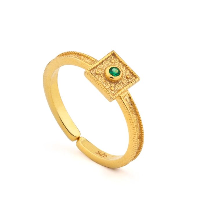 Byzantine Square Ring in 925 Sterling Silver Gold Plated with Round Zircon - Image 5