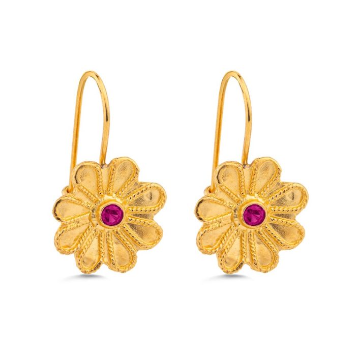 Byzantine Flower Earrings in 925 Sterling Silver Gold-Plated with Zircon - Image 1